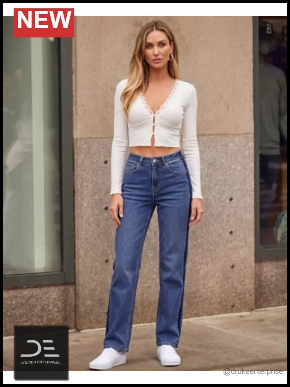 High Waisted Straight Leg Jeans with Tuxedo Stripe